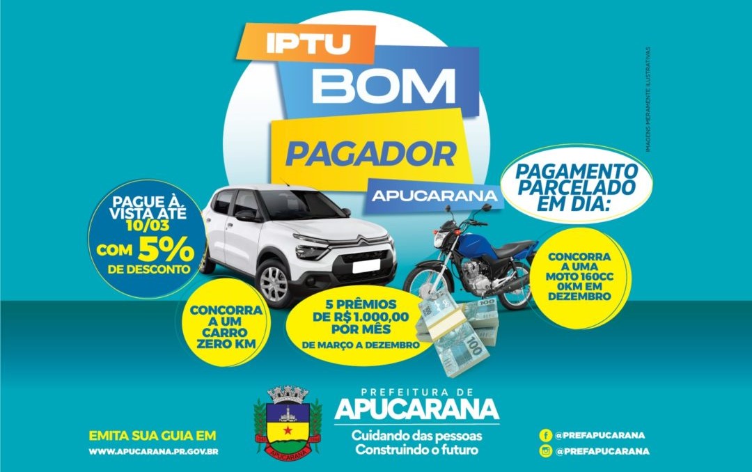 Prefeitura confirma carro, moto e aumenta premiação do IPTU Bom Pagador para R$ 50 mil em dinheiro