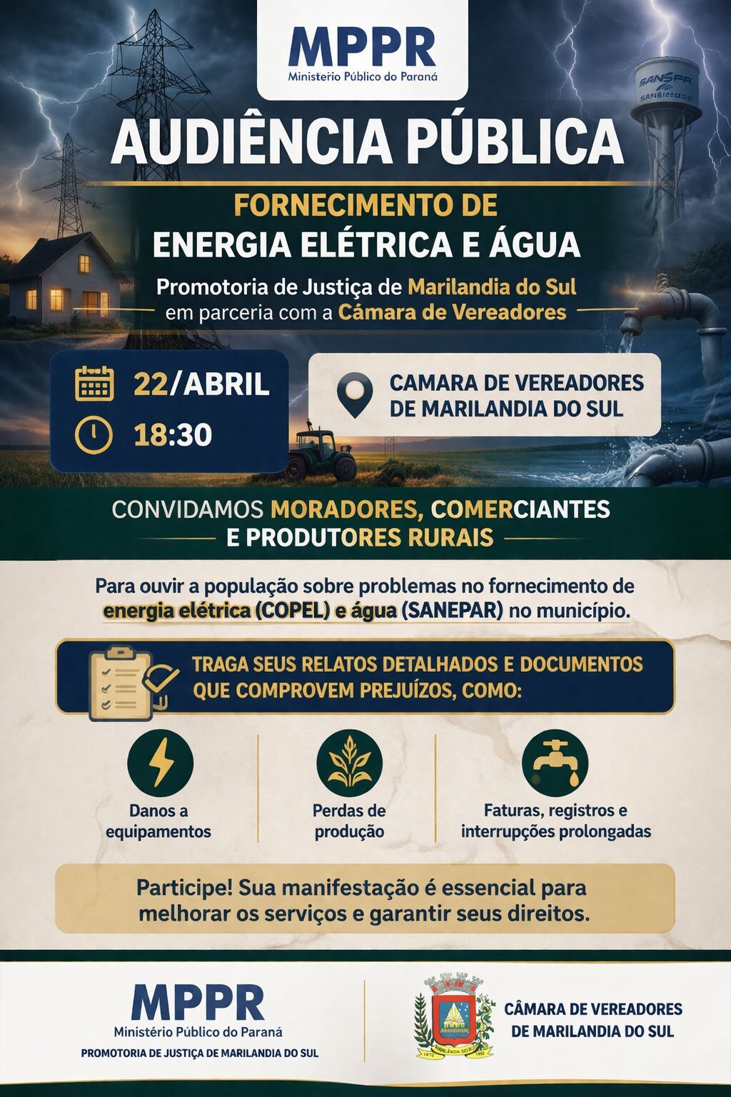 Audiência Pública sobre fornecimento de energia elétrica e água será realizada em Marilândia do Sul