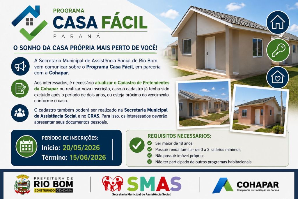 Casa Fácil: Rio Bom abre inscrições para programa habitacional em parceria com a Cohapar