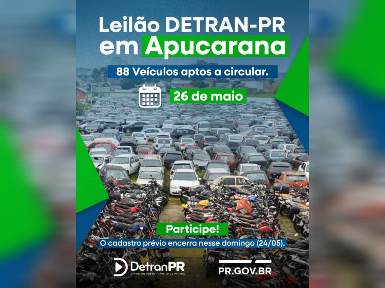 Leilão do Detran-PR em Apucarana terá 88 veículos; confira os lotes disponíveis