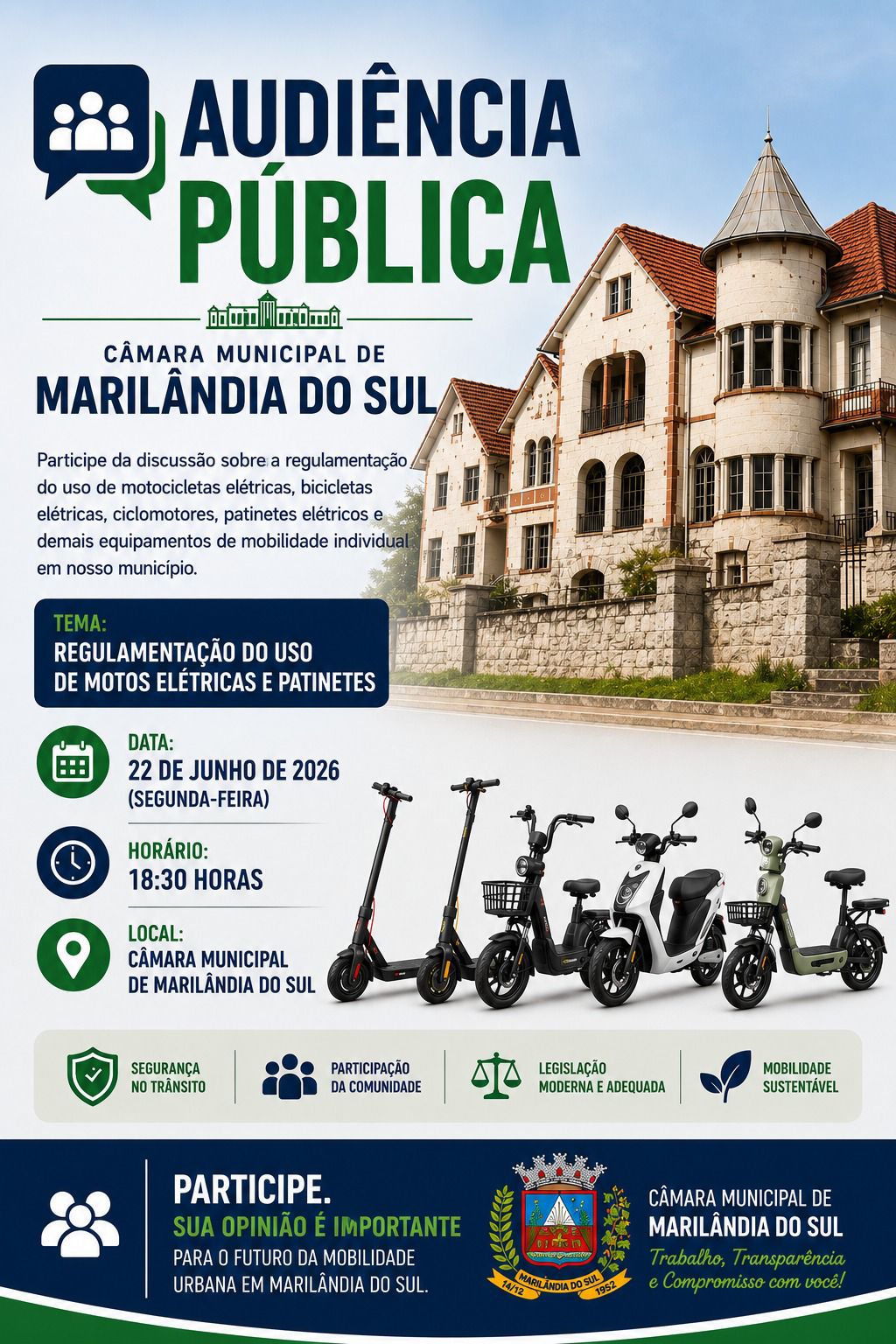 Marilândia do Sul promove Audiência Pública para discutir uso de patinetes e motos elétricas