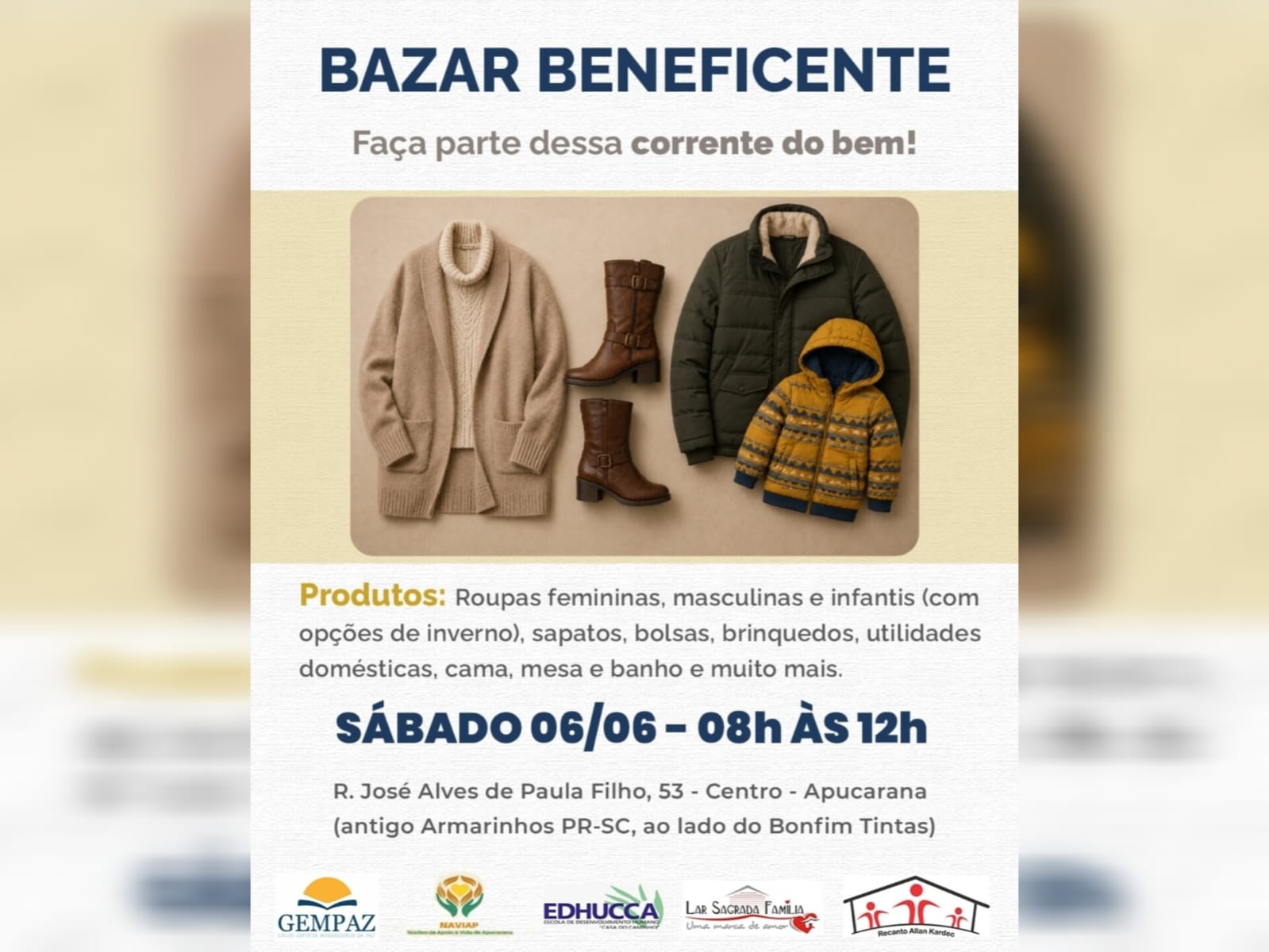Bazar beneficente em Apucarana será realizado neste sábado (06)