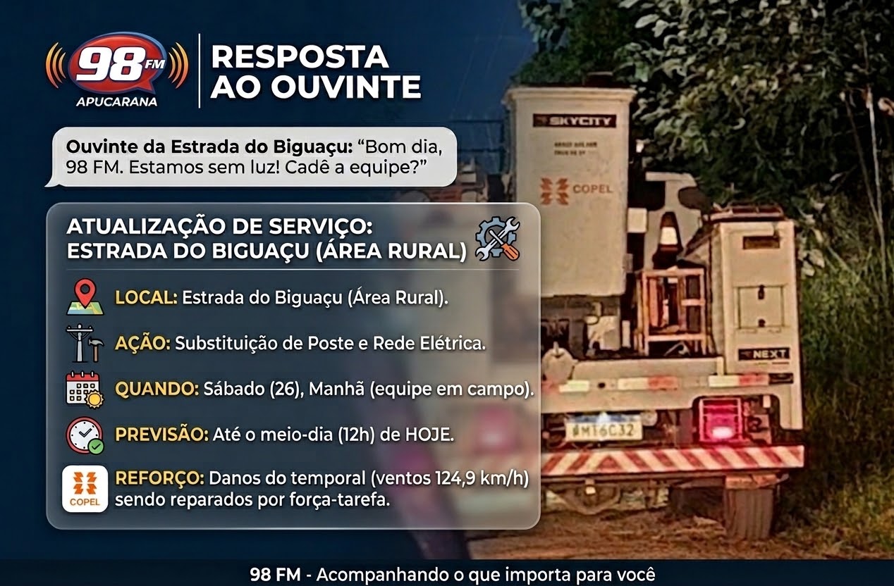 Energia elétrica na Estrada do Biguaçu deve ser retomada nas próximas horas