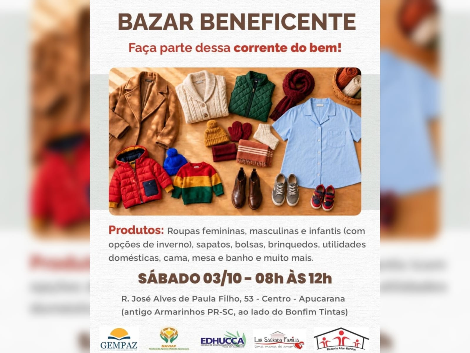 GEMPAZ promove bazar beneficente neste sábado (03/10)