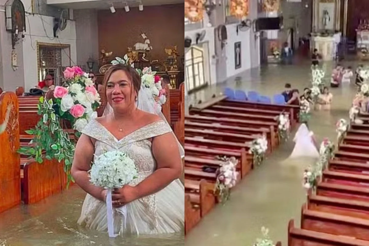 Com água na cintura: Casal mantém casamento e celebra cerimônia dentro de igreja inundada