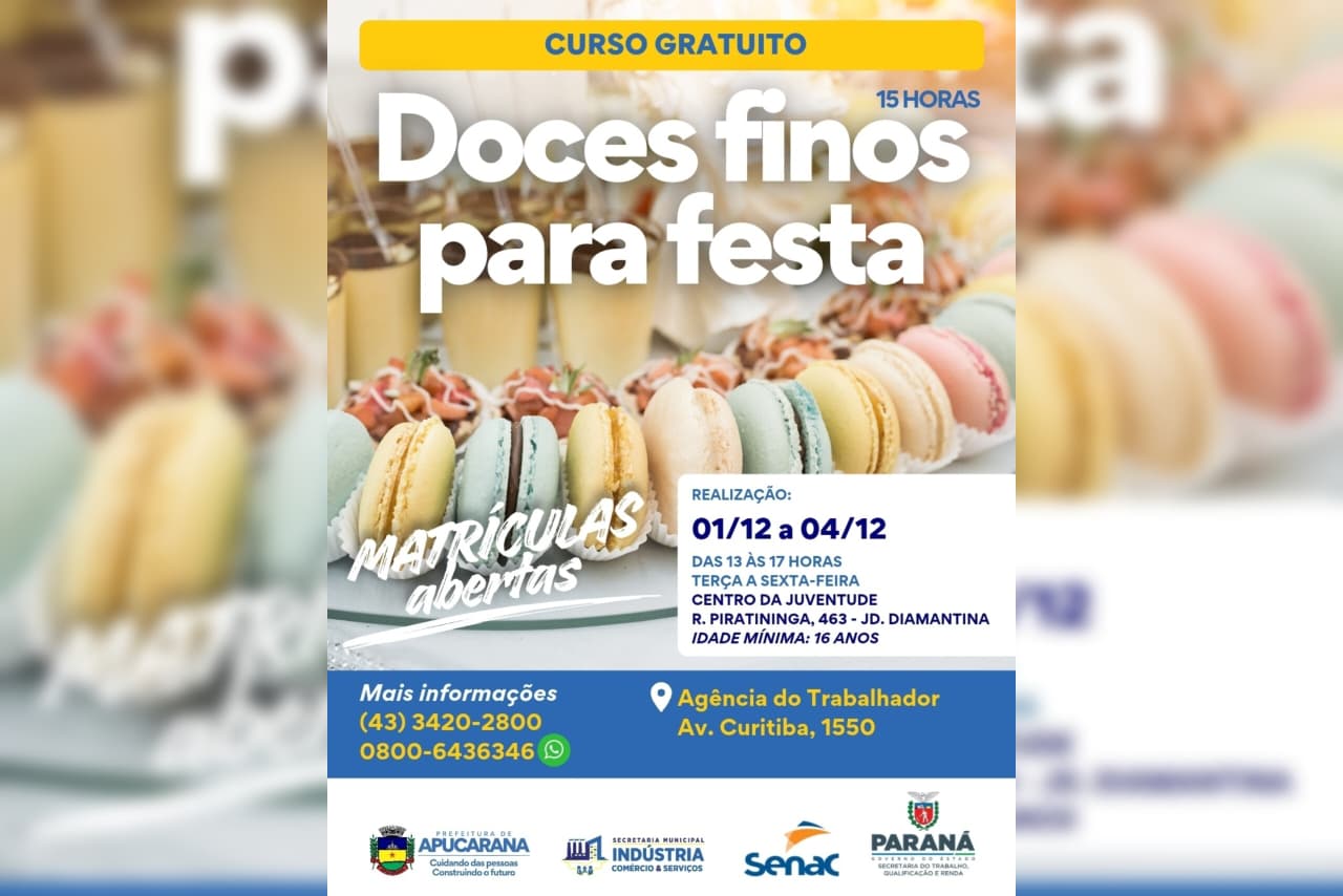 Curso gratuito de doces finos está com matrículas abertas